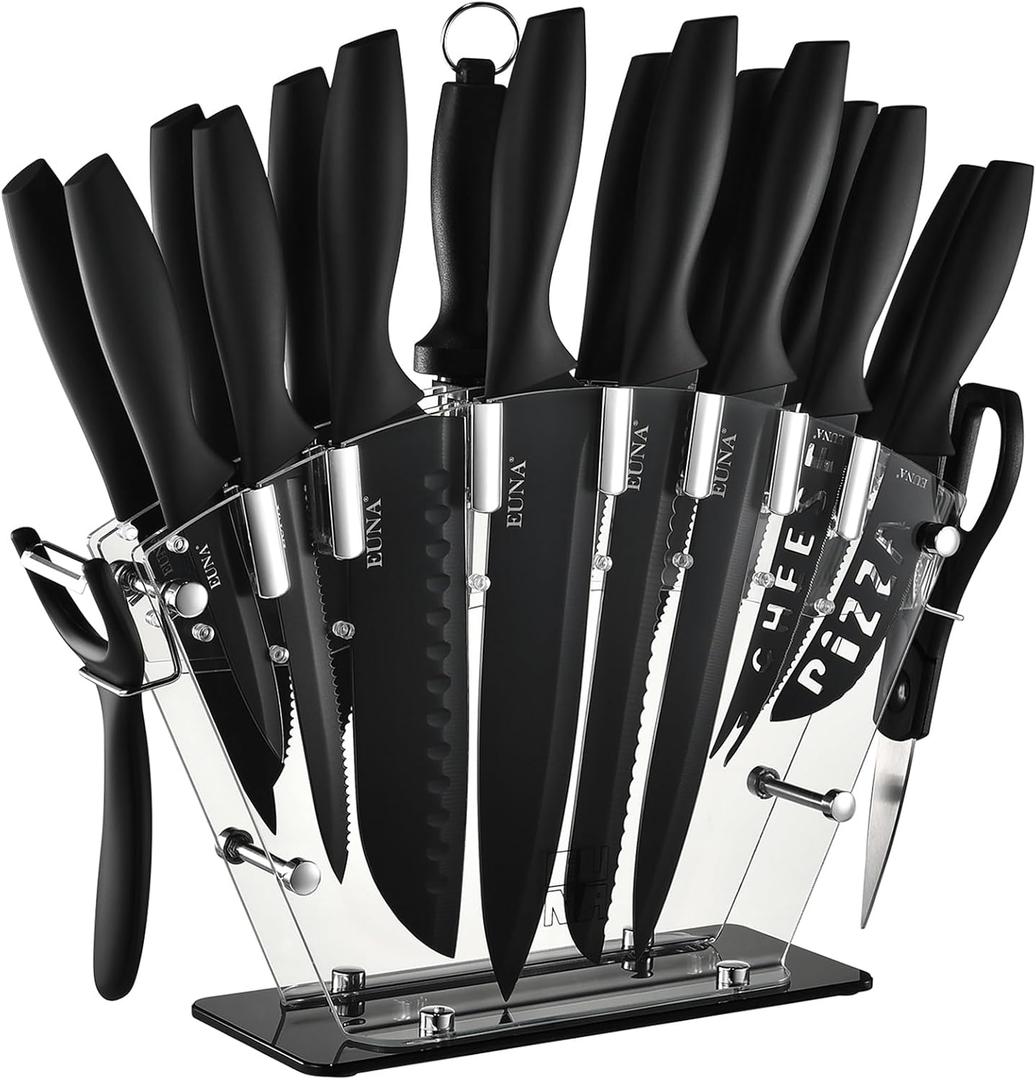 EUNA Kitchen Knife Set, 19 PCS Black Knife Set with Acrylic Block and Sharpener, German High-Carbon Stainless Steel Knife Sets with 6 Serrated Steak Knives, Bread Knife, Chef Knife, Dishwasher Safe
