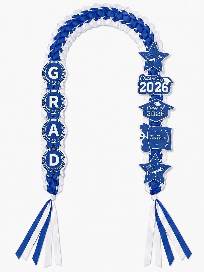 ZenNex Graduation Leis 2026 Handmade Ribbon Lei Double Braided Ribbon Necklace with GRAD Patches for College High School Graduation Party Accessories