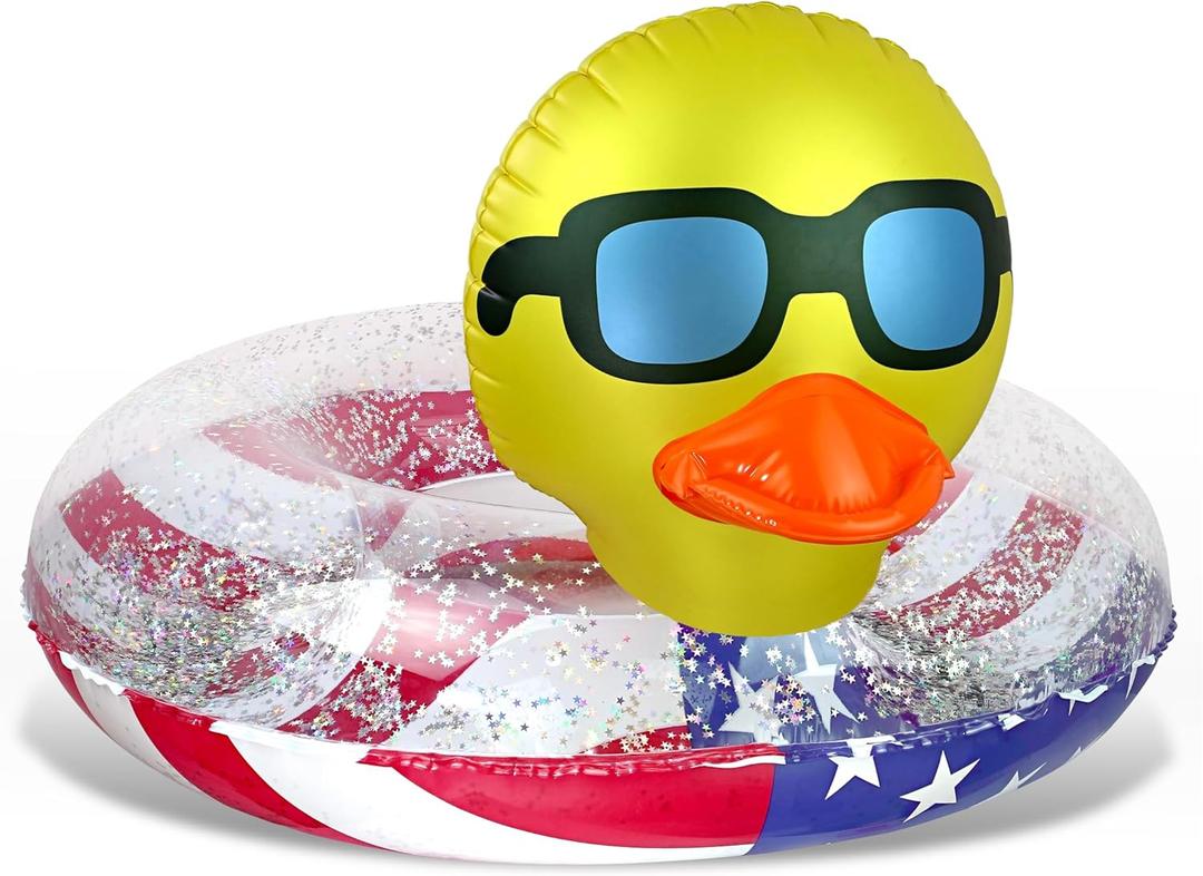 POZA Inflatable USA Pool Float - Luxurious Fun Lounger Filled with Sparkle Silver Stars Confetti, Cool USA Flag Design Water Swimming Pool Floaties for Beach, Lake & Pool (USA Duck Tube)