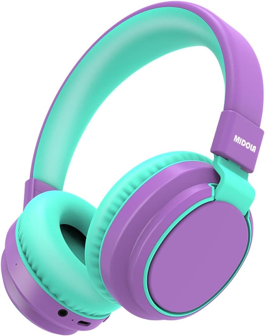 MIDOLA Kids Headphones Bluetooth 5.3 Wireless 60H Play Time Volume Limited 85/110dB Over Ear Foldable Protection Headset/Wired Aux Built-in Mic for Boy Girl Travel School Pad Tablet Purple