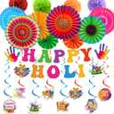 Holi Decorations Include Happy Holi Banners Hanging Swirls Paper Fans Honeycomb Flower Balls Holi Festival Theme Party Supplies for Home