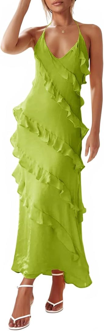 Wenrine Womens Sexy Chiffon Halter Maxi Dress Sleeveless Backless Ruffle Tassel Party Club Dresses (Olive Green) Medium