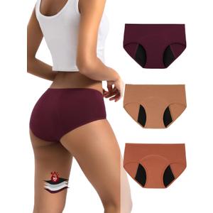 INNERSY Period Underwear for Women Teens Leak-Proof Menstrual Cotton Protective Hipster Panties 3-Pack (Small, Heavy Flow (Maillard Color))