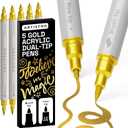 ARTISTRO 5 Gold Acrylic Paint Markers - Paint Pens for Drawing, Brush + Fine Tips - For Fabric, Rock, Glass, Wood, DIY, Eggs - Art & Craft Supplies for Adults, Teens, Kids - Easter Basket Stuffers