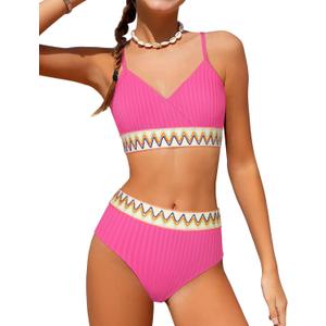 DONWEN Girls Swimsuits V Neck Bikini Set Textured High Waist Girl Two Piece Bathing Suit (15-16 Years, Pink)