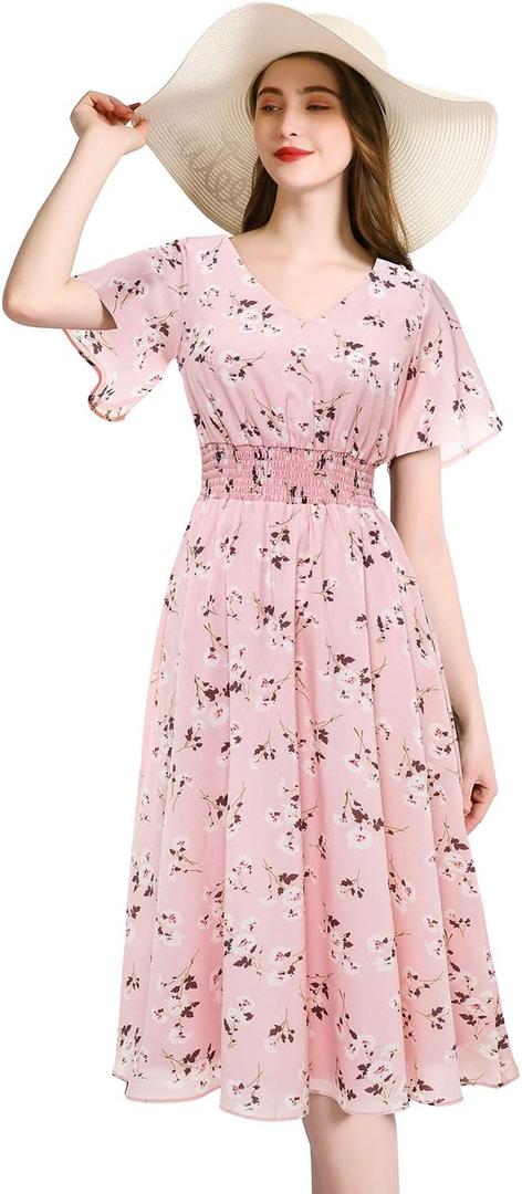 Gardenwed Chiffon Floral Dresses Summer Midi Wedding Guest Dress V Neck for Women Elastic Waist (Pink)