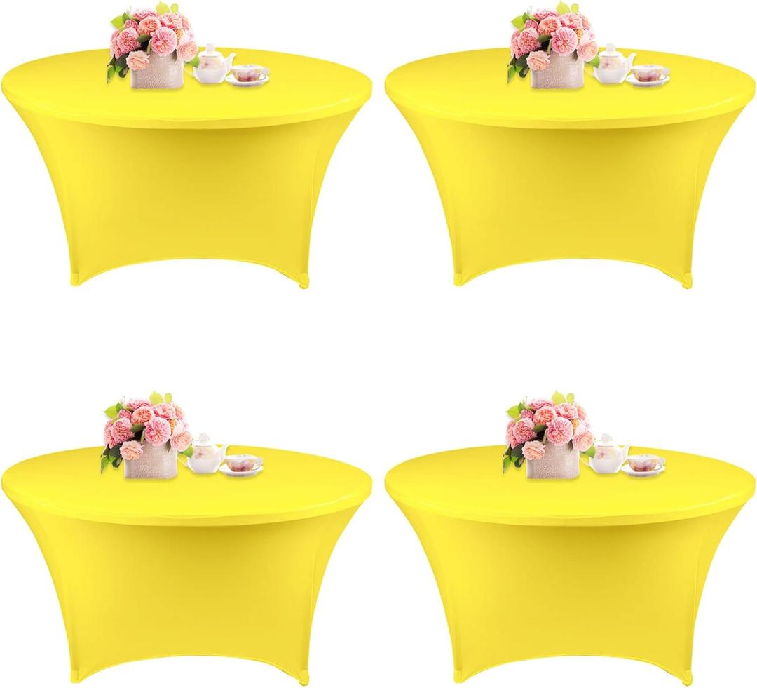 4 Pack 5FT Round Spandex Tablecloth 60 Inch Yellow Stretchable Table Cover Washable and Wrinkle Resistant Table Cloth, Fitted Round Table for Wedding, Banquet, Birthday, Party, Restaurant (Yellow)
