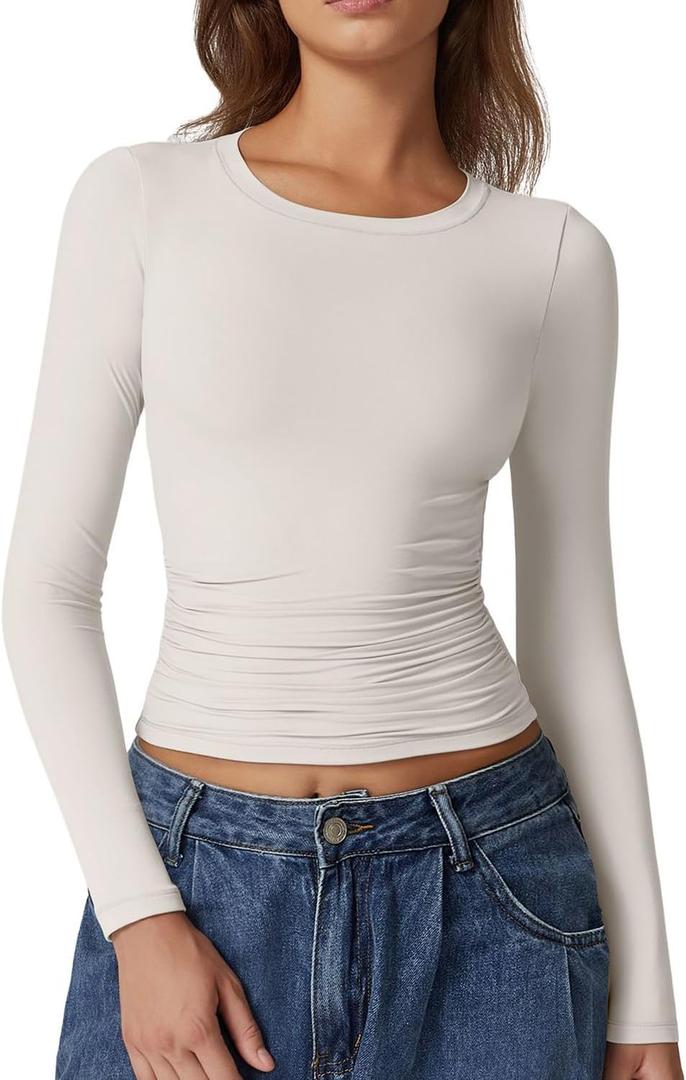 QINSEN Womens Crewneck Long Sleeve Shirt Double Lined Basic Tees Side Ruched Going Out Crop Tops (Small, White)