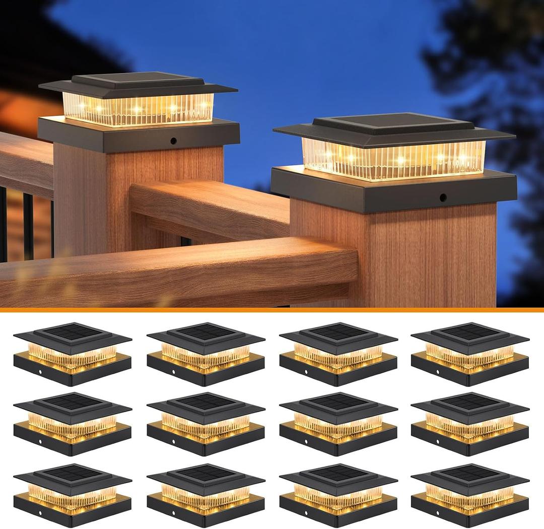 Post Cap Lights 12pack, 4x4 Deck Fence Post Solar Lights Outdoor with Warm White Lighting,Black Waterproof Solar Post Lights for Vinyl/Wood Posts to Decorate Fence, Deck,Garden, Patio
