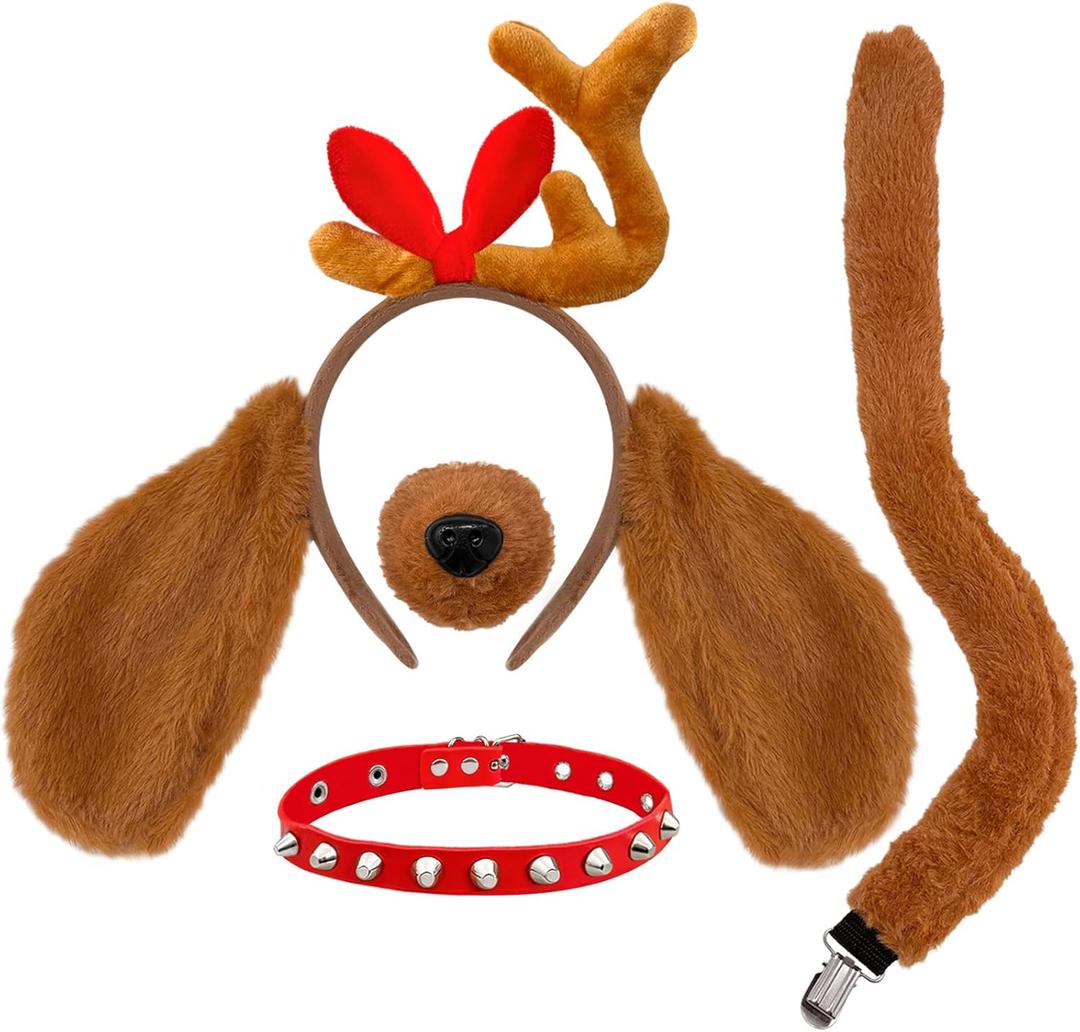 4Pcs Antler Dog Headband Costume Set,Antlers Headpiece with Dogs Ears Collar Nose Tail Animal Dress Up Accessories for Kids,Adults,Dogs,Halloween,Christmas,Party Cosplay,Brown