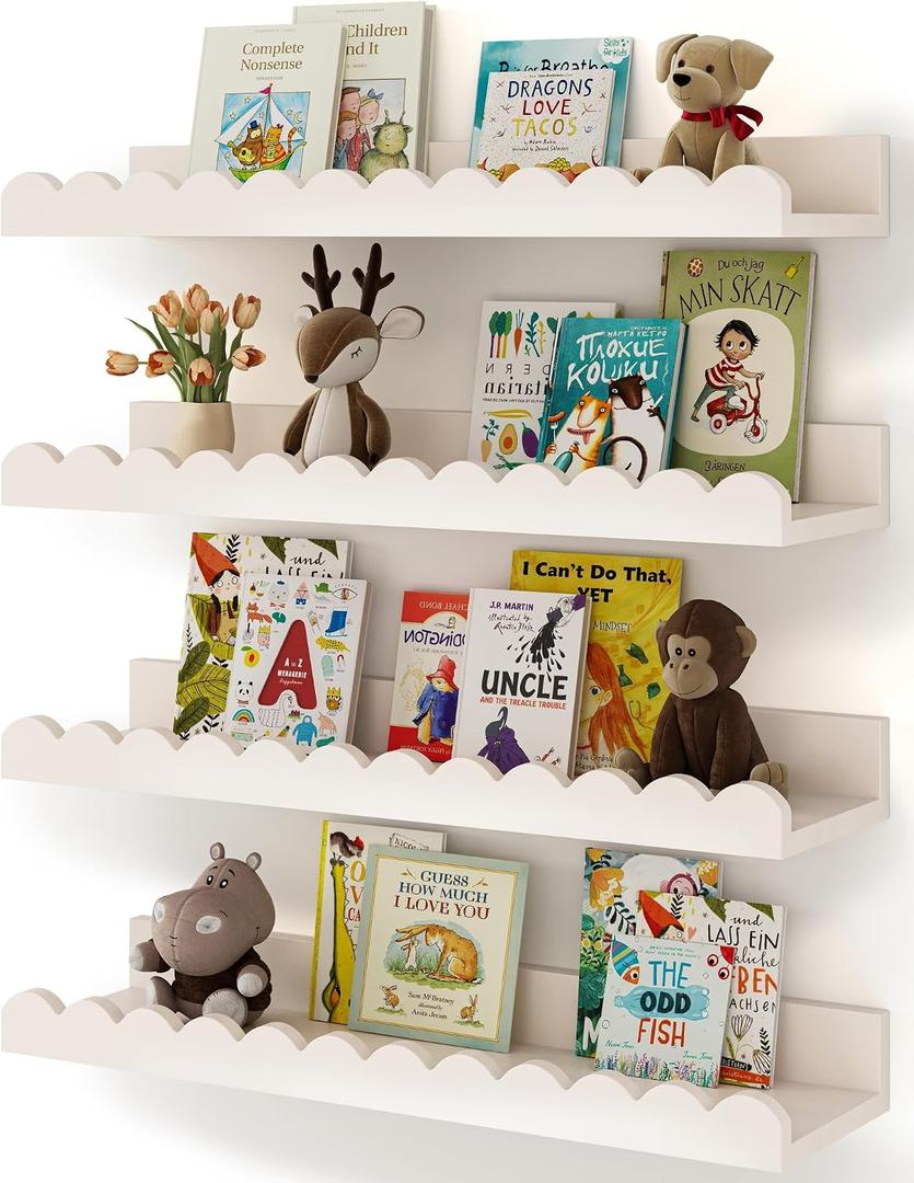 Shario Nursery Book Shelves, 4-Pack White Floating Shelves for Wall Kids, Scalloped Shelves, Wall Book Shelves for Bedroom Kids, Toddler Room, Baby Room, Nursery Decor, 16.5 Inches