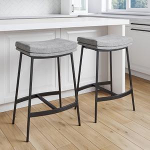 Arlo Modern Backless Upholstered Kitchen Counter Bar Stool with Double-Layered Saddle Seat and Black Metal Base, Grey/Matte Black, Set of 2