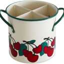 Vintage Utensil Crock - Cherry Kitchen Decor Iron Organizer with Detachable Divider, 4-Compartment Drain Hole Utensil Holder for Vintage Kitchen Utensils & Accessories