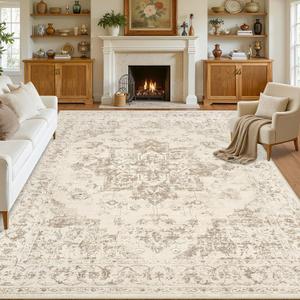 8x10 Area Rugs for Living Room: Vintage Boho Neutral Washable Rug Indoor Soft Large Area Rug Carpet for Bedroom Nursery Farmhouse Dining Room Office Floor Non-Slip Low Pile Under Table Rug Beige/Ivory