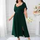 SCOMCHIC Women Plus Size Dresses Short Sleeve Sweetheart Neckline Wedding Guest Cocktail Smocked A Line Slit Maxi Dress (XL)