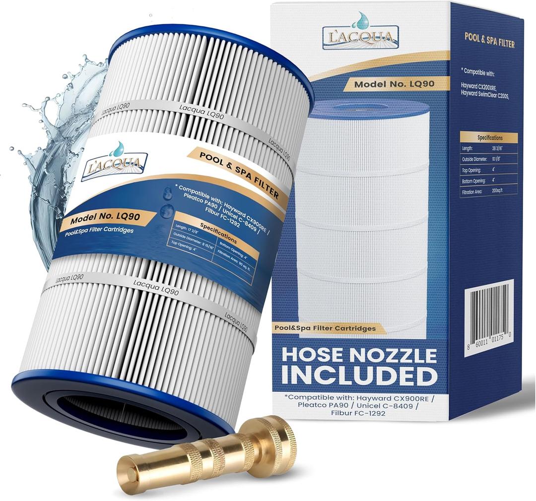 LACQUA Pool Filter Cartridge LQ90 90 SqF Replaces Hayward C900, CX900-RE, PA90 / B6-M, Unicel C-8409, FC-1292, Sta Rite Posi Clear PXC95, Ultral-B6. Hose Nozzle Included