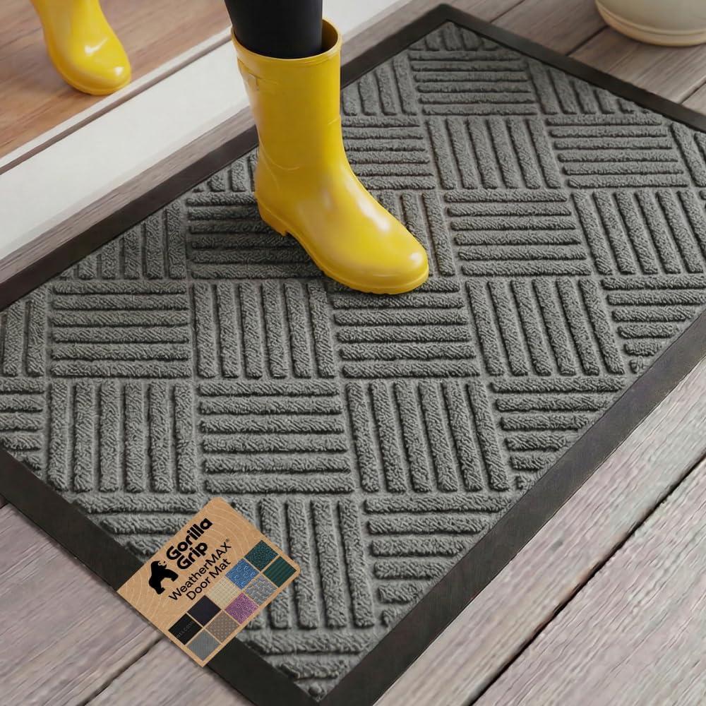 GORILLA GRIP 100% Waterproof All-Season WeatherMAX Doormat US Designed Natural Rubber, Stain Fade Resistant, Low Profile Indoor Outdoor Door Mats, Easy Clean, 29x17 Gray Diamond