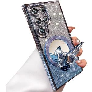 for Samsung Galaxy S25 Ultra Magnetic Kickstand Glitter Case, [Compatible with MagSafe] Bling Sparkly Diamond Butterfly with Camera Protector Makeup Mirror Women Girls Case for S25 Ultra,Blue