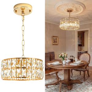 Gerrii Modern Small Crystal Chandelier for Closet & Hallway, 12" Gold Crystal Ceiling Light, Mini Flush Mount Lighting for Entryway, Bedroom & Small Spaces, Elegant Modern Lighting Fixture