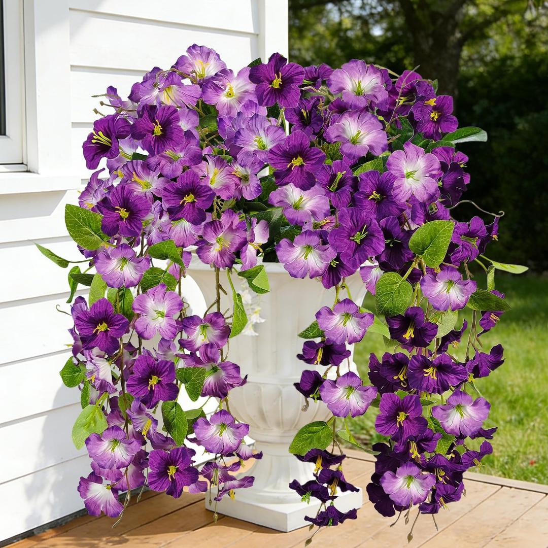 Artificial Hanging Flowers for Outdoors Decoration, 2 Bundles Outdoor Flowers UV Resistant Silk Morning Glory Fake Flowers for Front Porch Garden Window Box Outside Indoor Decor (Mixed Colors 1) (Deep Purple, Light Purple)
