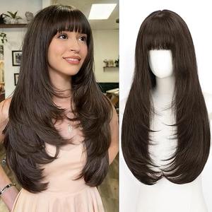 ALXNAN Hair Toppers For Women with Thinning 3D 360°Cover,26Inch Mocha Brown Long Straight Layered Clip In Synthetic hair topper with Bangs