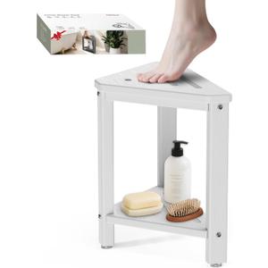 Shower Foot Rest 15in, HDPE Waterproof Shower Stool for Inside Shower, Corner Shower Stool for Shaving Legs with Storage Shelf for Small Space, Shower Step Stool, Plastic Corner Shower Bench, White