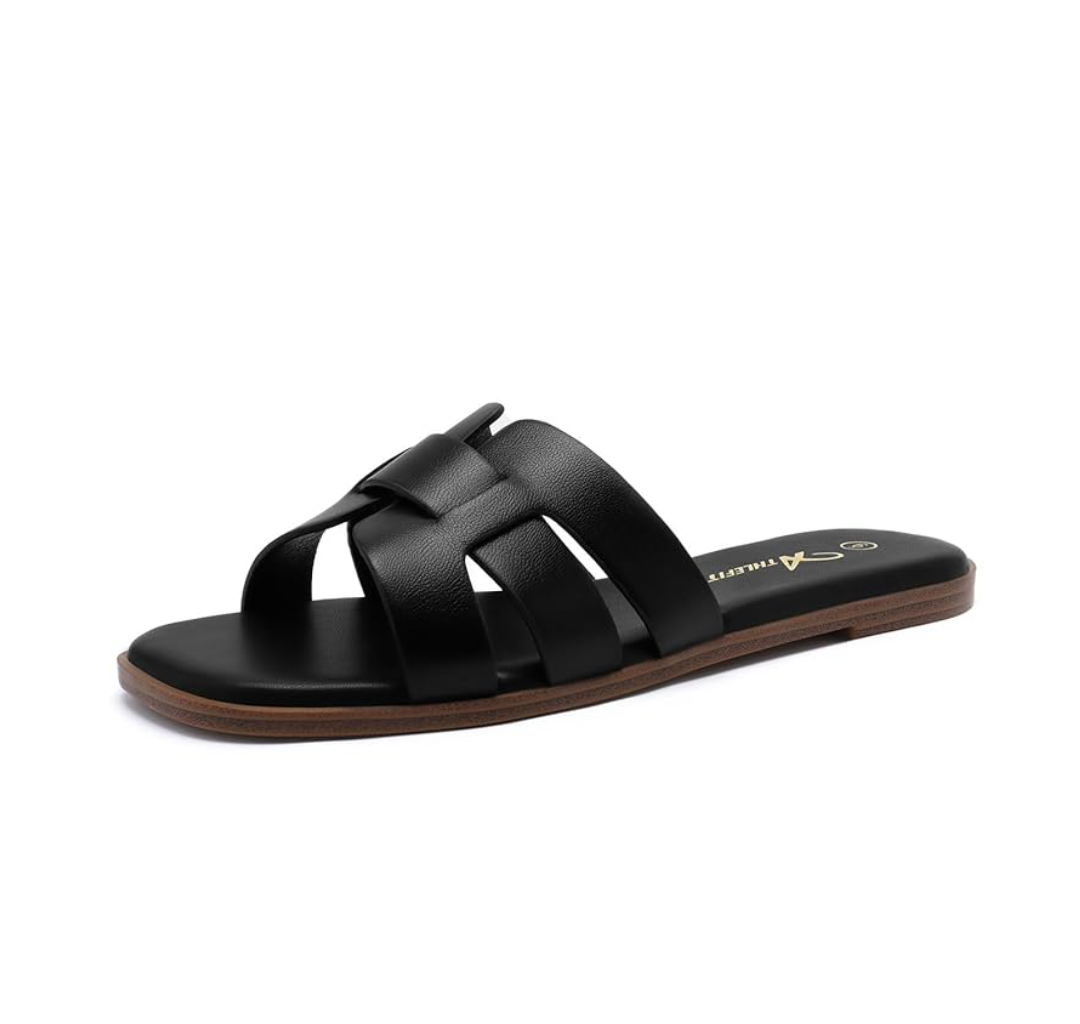 Athlefit Women's Flat Sandals Dressy Summer Square Open Toe Slip On Leather Slide Sandals 10