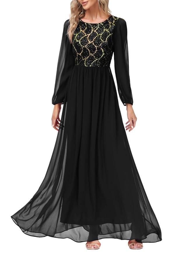 Women's Sequin Evening Dresses Long Sleeves Crewneck Floor Length Chiffon Formal Ball Gowns Dress, Size L