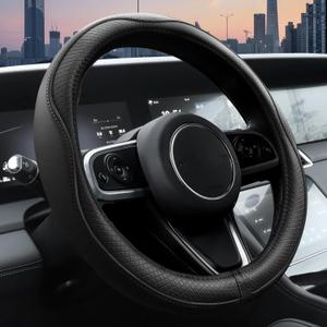 Ouzorp Car Steering Wheel Cover, Microfiber Leather Steering Wheel Covers with Anti-Slip Lining, Universal 14.5-15 inchs Black (Black,Medium(Standard) Size[14.5"-15"])