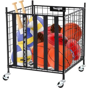 YES4ALL Rolling Ball Cart Storage with Lockable Wheels Volleyball Basketball Holder, Toy Balls Bin, Garage Cage, Storage Racks, Sports Equipment Organizer, Ball Rack for Outdoor Indoor Use