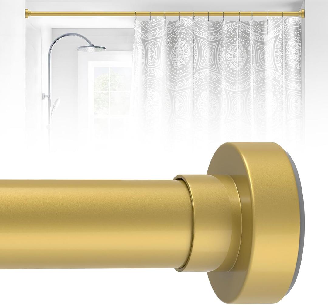 Gold Shower Curtain Rod 34 to 43Inch:Small Spring Tension Shower Rods for Bathroom Kitchen Doorway,Modern Heavy Duty Adjustable Tension Shower Curtain Rod No Drilling No-Slip Easy Install,Gold