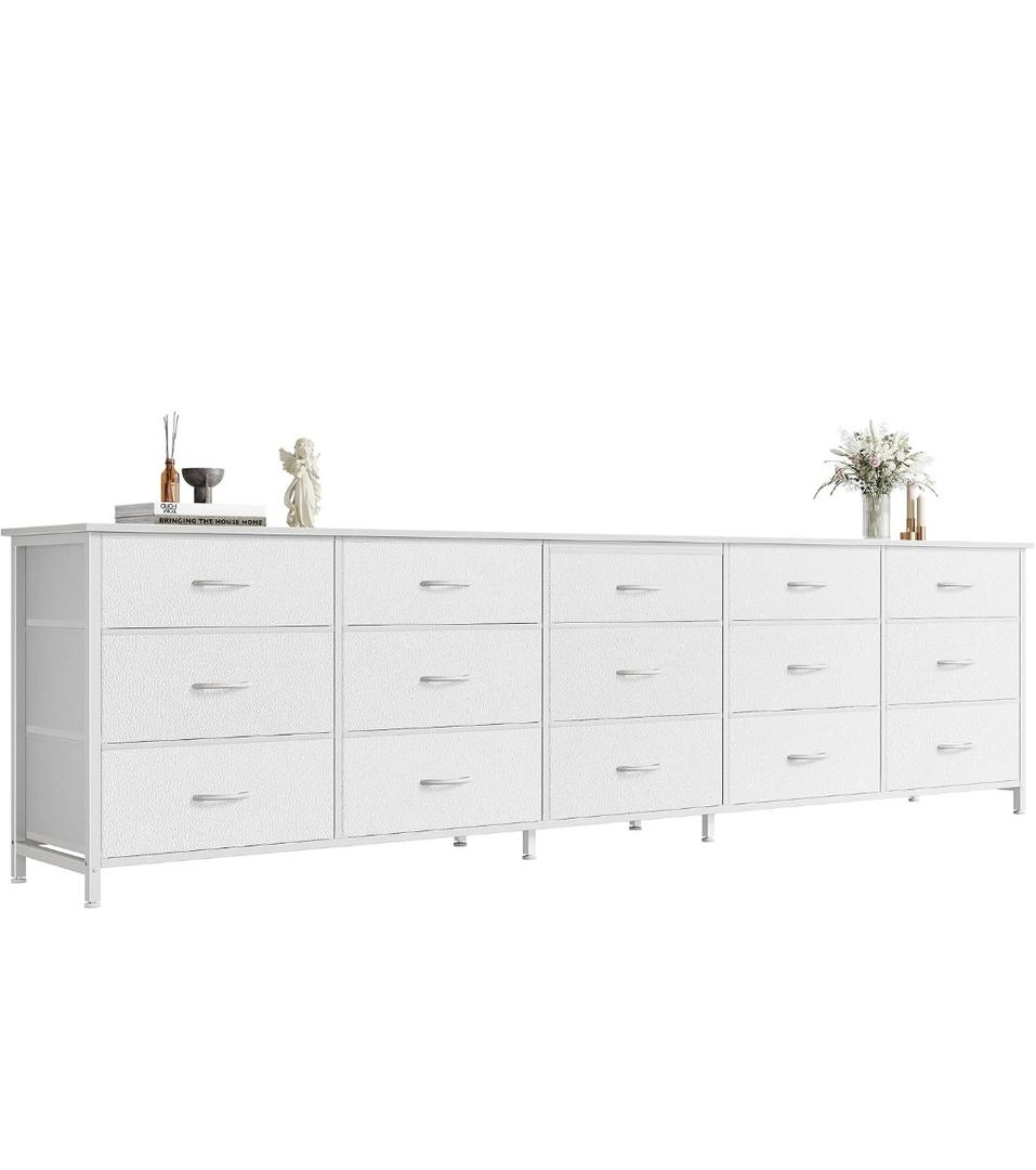 Huuger 78.7 inch Long Dresser for Bedroom, 15 Drawer Fabric Dresser for Closet, Large TV Stand for 65, 75, 85 inch TV, Wide Chest of Drawer with Storage, 78.7" W x 12.9" D x 26.7" H, White