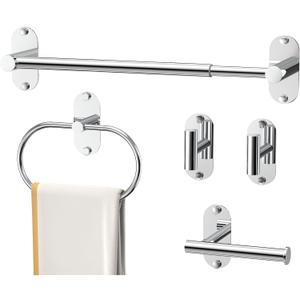 5-Piece Bathroom Hardware Accessories Set, Self-Adhesive & Wall Mounted SUS304 Stainless Steel Towel Bar Set, Adjustable Towel Bar, Towel Ring, Toilet Paper Holder & 2 Hooks(Chrome)