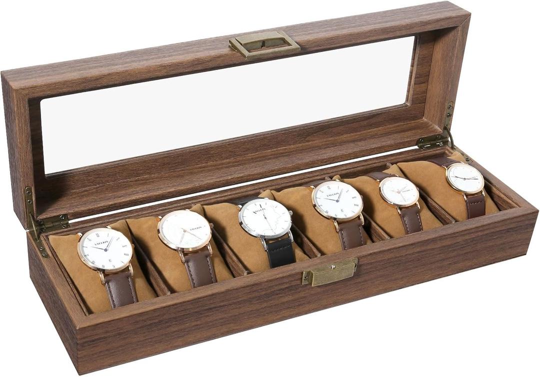 Uten Watch Box 6 Slots, Watch Case Organizer with Real Glass Lid, Wood Grain PU Leather Watch Display Storage Box with Removable Imitation Suede Watch Pillows, Metal Clasp