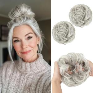 2PCS Messy Hair Bun Hair Pieces Wavy Curly Synthetic Updo Fake Scrunchies Ponytail Extension for Women Grey Multi