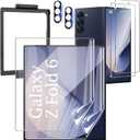 [2Set 6PCS] Screen Protector Compatible with Galaxy Z Fold 6 5G - 2 Inner TPU Film + 2 Outer Tempered Glass + 2 Camera Lens Protectors with Positional Mouting Frame, Bubble Free