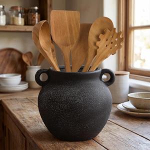 Qinyoung Rustic Kitchen Utensil Holder 6 Inch Small Ceramic Utensil Holder with Handle Vintage Crock Decoration Spatula Organizer for Kitchen Countertop Farmhouse Party Supplies(Black,Elegant)