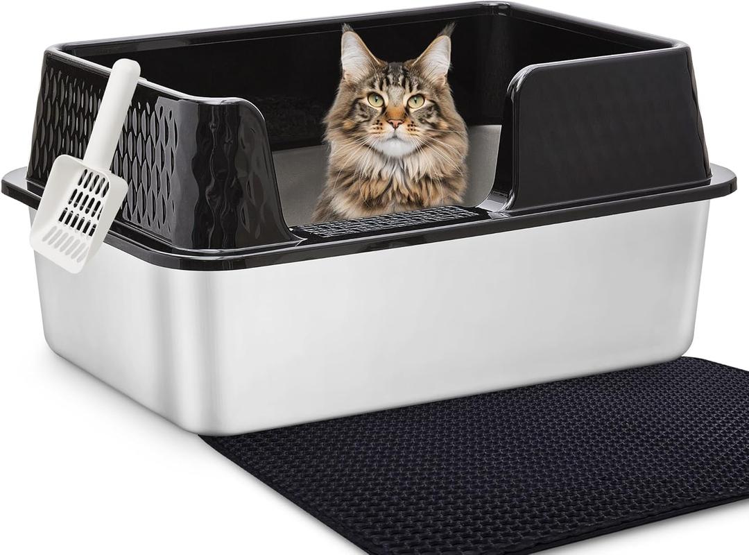 Vealind Stainless Steel Cat Litter Box High Sided Metal Cats Litter Pan Tray Enclosed with Scoop Mats Non-Sticky Anti-Leakage Easy Cleaning Kitty Litter Boxes (19.7"L x 13.8"W x 7.5"H, Black)