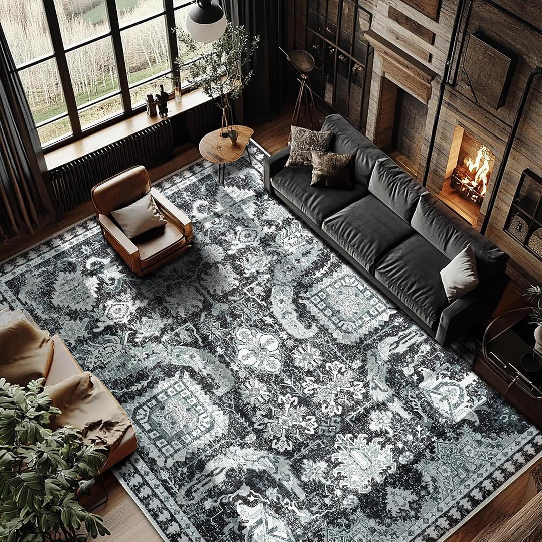 9x12 ft Washable Area Rug, Non-Slip, Black & White Boho Design for Living Room, Patio & Indoor Outdoor Use  Perfect for Home Dcor & Modern Spaces