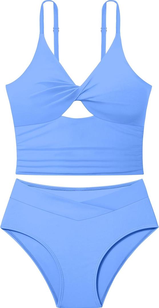 Girls Swimsuit Color Block Girls Bathing Suit Twist Tankini Set Two Piece Girl Swimwear Bikini Set for 9-16 Years (13-14 Years, Solid Blue)