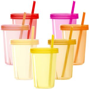 Youngever 7 Sets Plastic Kids Cups with Lids and Straws, 7 Reusable Toddler Cups with Straws in 7 Pink Colors (7 Count (Pack of 1))