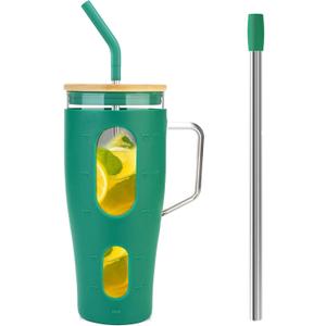 Zukro 40 oz Glass Tumbler with Handle, Reusable Water Tumbler With Straw and Lid and Time Marker Fits in Cup Holder, Drink Cup with Silicone Sleeve for Smoothie, Iced Coffee, BPA Free, Mint Green