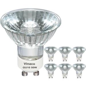 Vinaco GU10 Halogen 50W Bulbs, 6PCS GU10+C 120V 50W Halogen Light Bulbs, GU 10 Dimmable, Warm White, High Brightness MR16 with Glass Cover, Long Lifespan GU 10 50 W for Recessed Track Lighting