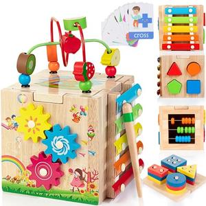Bravmate Wooden Activity Cube, 8-in-1 Wooden Montessori Learning Toys for 18 M+ Toddlers, One Year Old First Birthday Gift, Baby Toy Set with Bonus Sorting & Stacking Board
