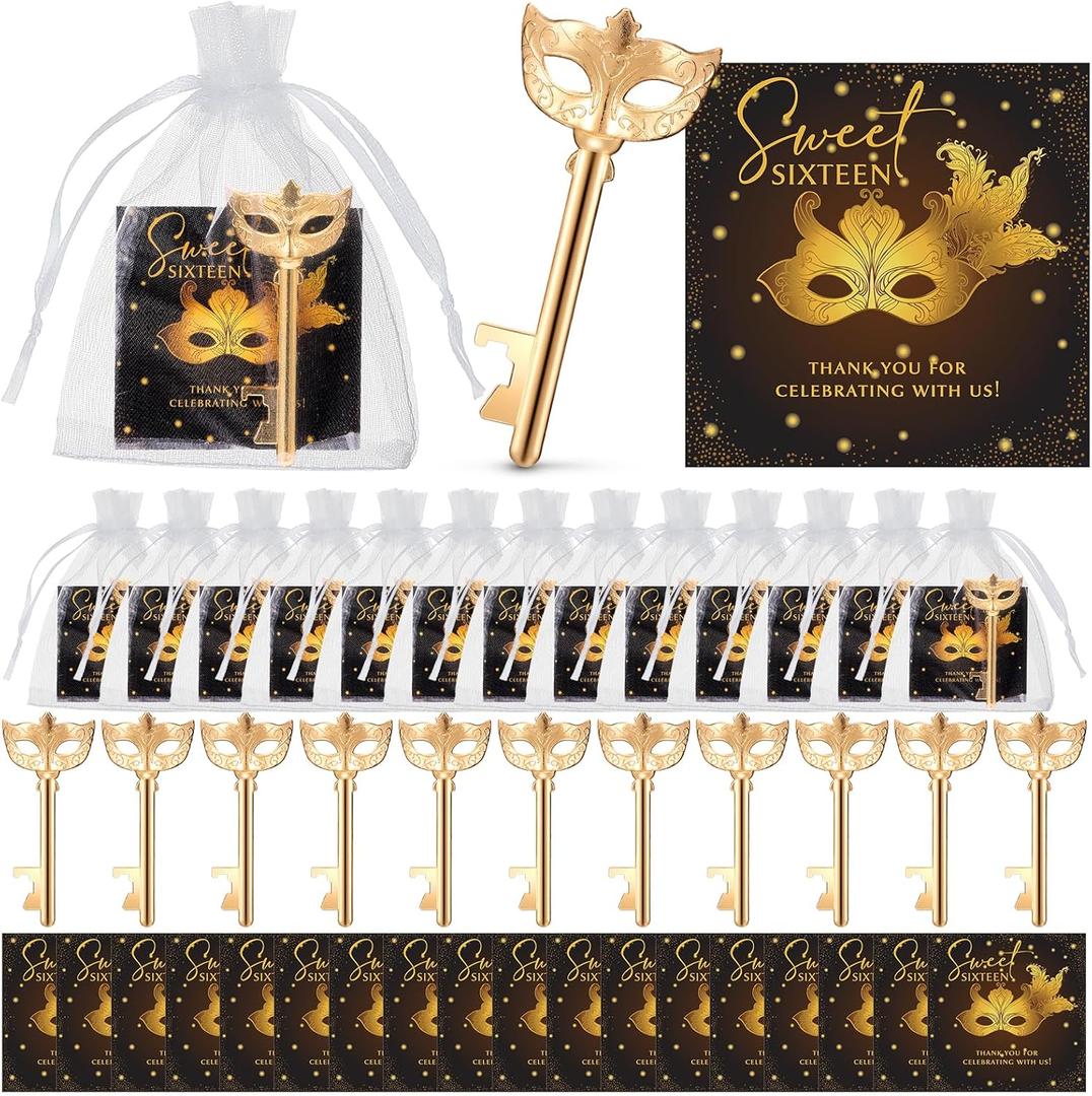 Havawish 18 Sets Sweet 16 Party Favors Masquerade Party Favors 18 Mask Design Bottle Openers 18 Mini Gift Cards 18 Organza Bags Party Decorations for Quinceanera Birthday Guests Bulk Souvenirs