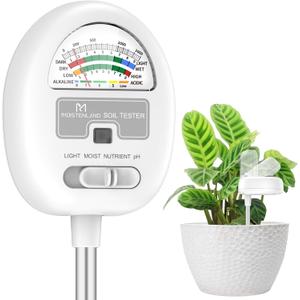 [Upgraded] Soil Moisture Meter, 4-in-1 Soil pH Tester, Moisture/Light/Nutrients/pH Meter for Gardening, Lawn, Farming, Indoor & Outdoor Plants Use, No Batteries Required, Gifts for Plants Lover (White)