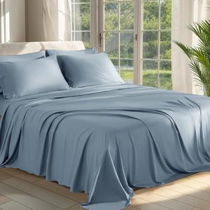 Shilucheng 100% Viscose Derived from Bamboo_ Sheets King Size 6pcs - Ultra Cooling & Silky Soft Bed Sheets, 16" Deep Pocket, Perfect for Hot Sleepers, Hotel Bedding Sheets (French Blue)