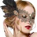 Zinniday Halloween Feather Masquerade Masks - 1920s 50s Antique Lace Venetian Mask for Women Renaissance Cosplay Party (Gold)