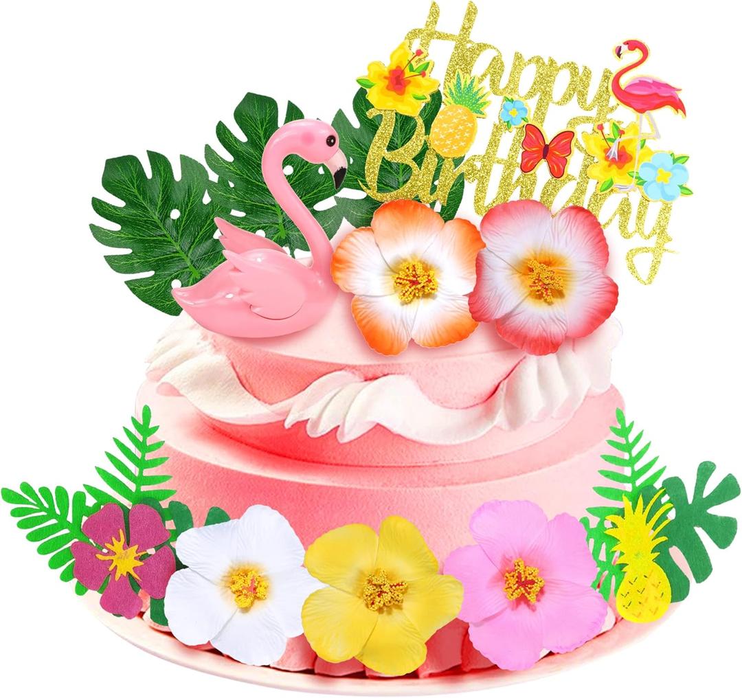 13 Pieces Flamingo Cake Toppers Summer Cake Decoration with Cute Pink Flamingo Figures and Hibiscus Flower Palm Leaves for Tropical Hawaiian and Beach Themed Party Supplies