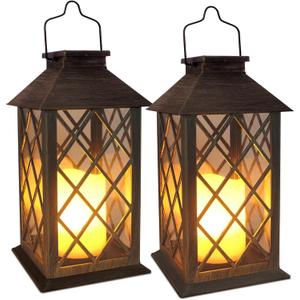 SHYMERY Solar Lanterns, Hanging Outdoor Lantern with Lasts 2X Longer LED Flickering Flameless Candles, Waterproof Outdoor Garden Lanterns Decorative for Patio, Porch,Deck, Yard, Table Decor 2 Pack